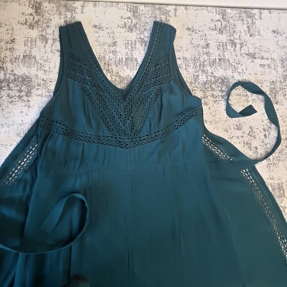 Anthropologie Elevenses Emerald Linen-Look Crochet Boho Wide Leg Pantsuit - Picture 13 of 16